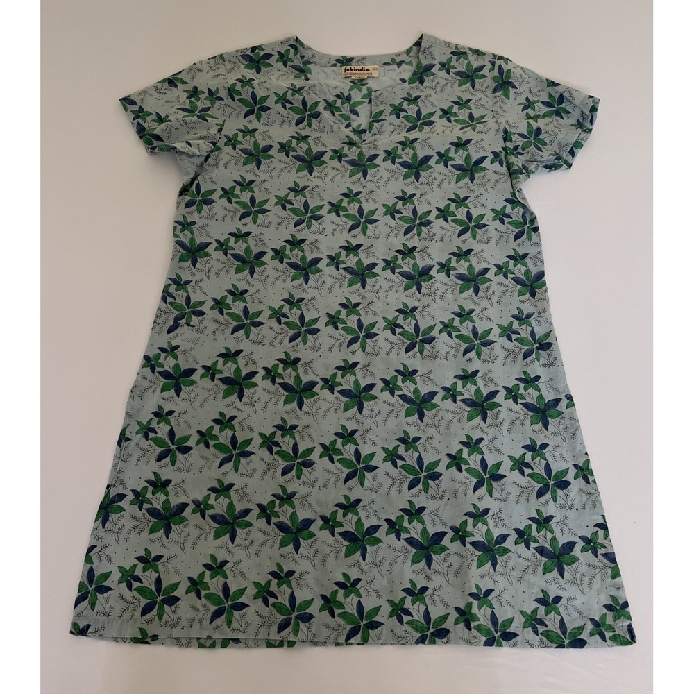 Fabindia Floral Cotton Tunic Kurta Dress Blue Boho Artisan Indian Women Size M